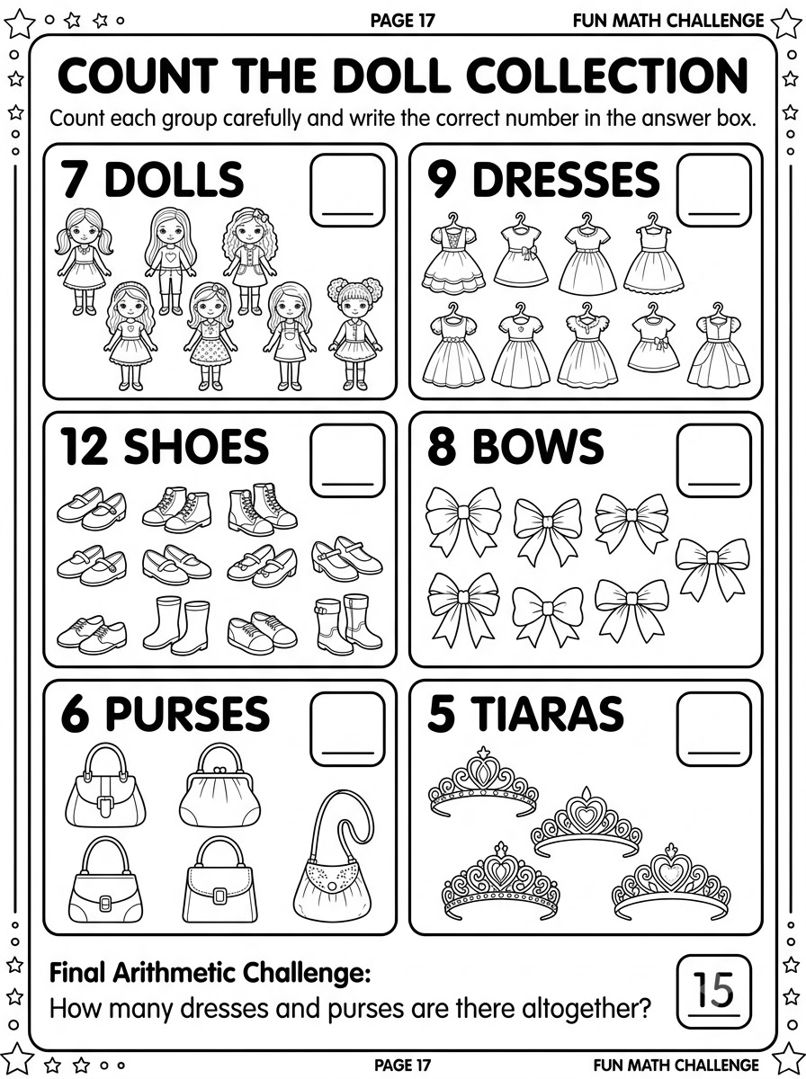 Count the Doll Collection — math challenge counting activity with illustrated items